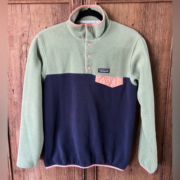 Patagonia Synchilla Women XS Green Blue Dual Tone Pink Trim Snap T Gorpcore - Picture 1 of 7